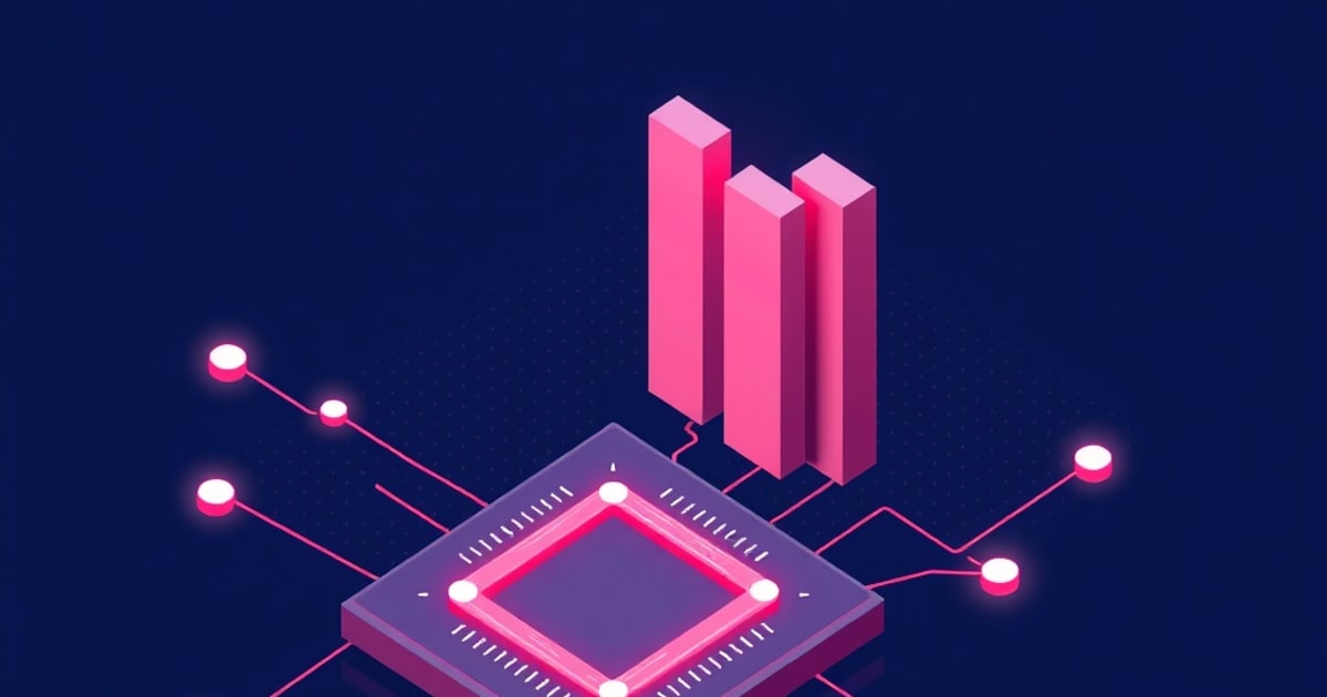 Flat isometric illustration of a glowing pink graphics chip on a pinned board with three tall pink bars rising above it and node dots on trace lines.