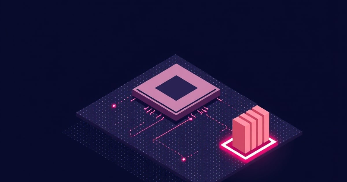 Flat isometric illustration of a mauve processor chip on a dark dotted board wired to a stack of pink memory slabs on a bright white glowing pad.