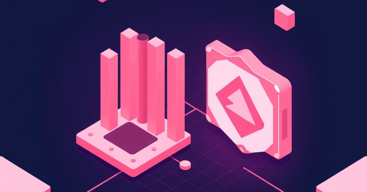 Flat isometric illustration of a pink board with five tall pillars beside a large octagonal pink panel carrying an angular bolt-shaped cutout.