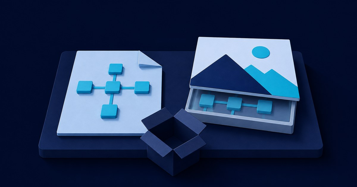 A stylized 3D node workflow and landscape thumbnail rest on a dark platform beside an open box, representing packaged ComfyUI assets.