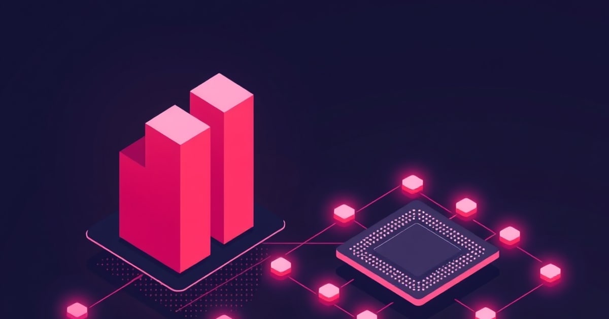 Isometric pink bar columns of near-equal height on a dark platform beside a GPU chip linked by glowing nodes, suggesting matched VRAM use between two models