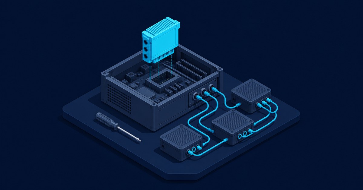 Isometric 3D scene of an open computer chassis, three connected modules, glowing blue cables, and a screwdriver on a dark base.